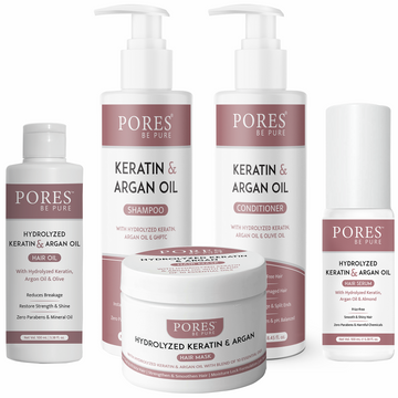 Keratin & Argan oil Shampoo + Hair oil + Conditioner + Hair Serum + Hair Mask by PORES BE PURE